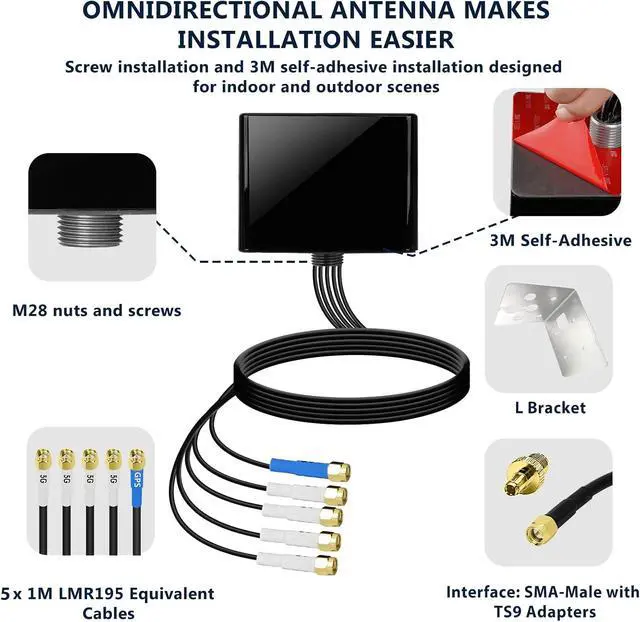 Alt view image 6 of 7 - Maswell Cellular Antenna 600MHz~8.0GHz 4X4 MIMO 5G and GNSS Antenna 4G 3G LTE WiFi6E UWB Screw Mount L Plate Mount SMA Male Waterproof Cubic Outdoor Antenna with Medium gain,(XL)