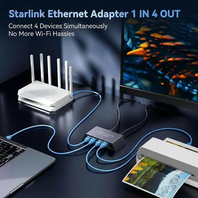 Alt view image 3 of 7 - 4-Port LAN Adapter Up to 1Gbps for Starlink Standard 4X, Gen 3 & Mini, 4 Devices Connected Simultaneously, 1-to-4 RJ45 Wired Ethernet Switch, Click-Lock Design for RV, Boat & Home Office