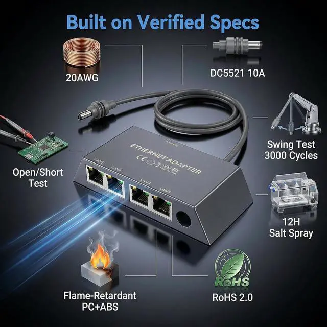 Alt view image 4 of 7 - 4-Port LAN Adapter Up to 1Gbps for Starlink Standard 4X, Gen 3 & Mini, 4 Devices Connected Simultaneously, 1-to-4 RJ45 Wired Ethernet Switch, Click-Lock Design for RV, Boat & Home Office