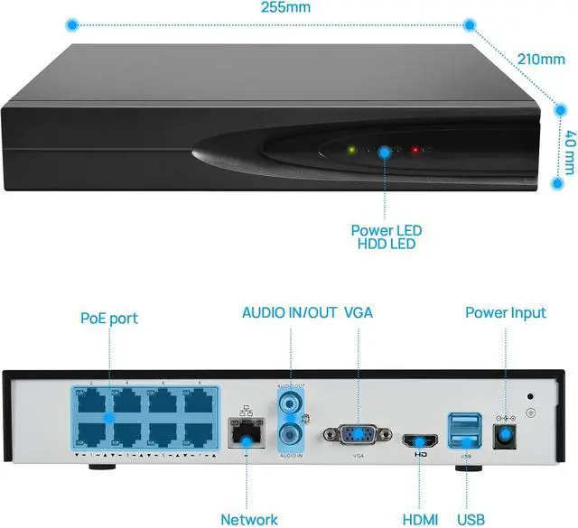 Alt view image 2 of 7 - VIKYLIN Plug & Play 4K 8CH PoE NVR Recorder and 4pcs 4K 8MP Full Color AI Turret IP PoE Camera with Human & Vehicle Detection and F1.0 Aperture 98ft Color Night Vision, One-Way Audio