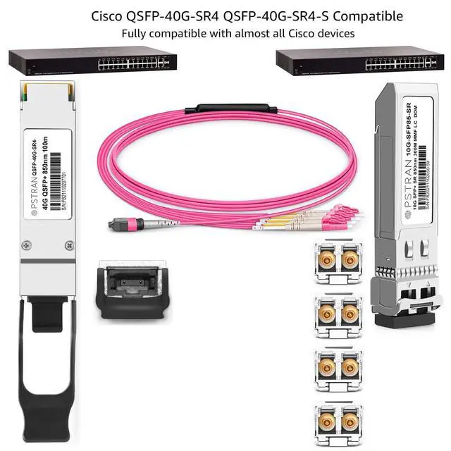 Alt view image 5 of 7 - 40GBASE-SR4 QSFP+ Optical Transceiver Module Compatible with Cisco QSFP-40G-SR4 Meraki MA-QSFP-40G-SR 850nm 100m DDM MPO-12/UPC MMF 4 Pack