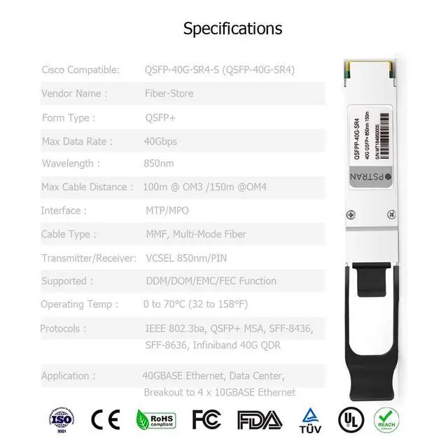 Alt view image 7 of 7 - 40GBASE-SR4 QSFP+ Optical Transceiver Module Compatible with Cisco QSFP-40G-SR4 Meraki MA-QSFP-40G-SR 850nm 100m DDM MPO-12/UPC MMF 4 Pack