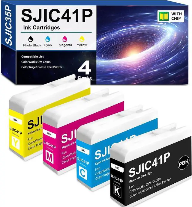 Main image of SJIC41P Ink Cartridges 4-Pack with Chip Remanufactured for SJIC41P-BK SJIC41P-C SJIC41P-M SJIC41P-Y Ink for ColorWorks C4000 Series Color Inkjet Gloss Printer Ink (4-Pack, T52L1 T52L2 T52L3 T52L4)