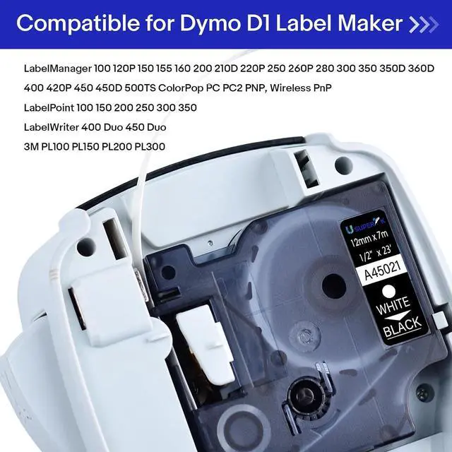 Alt view image 6 of 7 - 100 Pack Compatible for Dymo D1 Label Tape 45021 S0720610 Refill White on Black 1/2 inch x 23 feet Labeling Tape for LabelManager PnP 160 210D 260P 280 360D 420P 450D ColorPop Label Maker