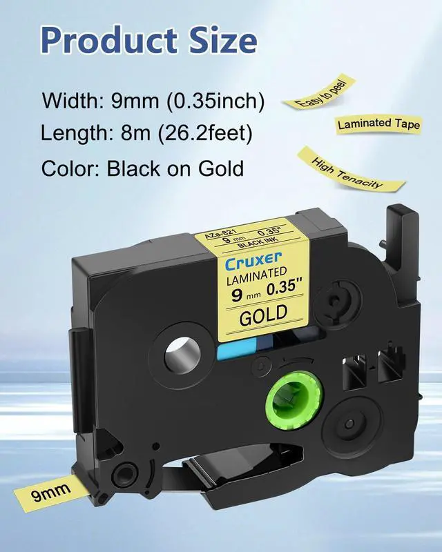 Alt view image 2 of 7 - Cruxer 40 Pack Replacement for P-Touch TZe-821 TZ-821 Label Tape Black Text on Gold Laminated 9mm 0.35" Compatible with Ptouch PT-D200 PT-D210 PT-D400 PT-D450 PT-D600 PT-H100 PT-1230PC Label Maker