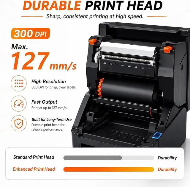 Alt view image 3 of 7 - Thermal Transfer Label Printer, 300 DPI Desktop Printer with Adjustable Media Guide for Black Mark and Continuous Labels, Ideal for Office and Shipping Needs
