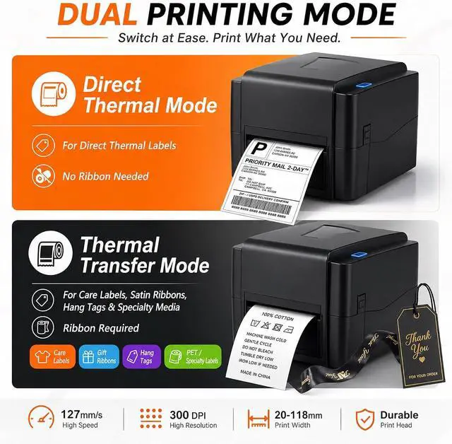 Alt view image 4 of 7 - Thermal Transfer Label Printer, 300 DPI Desktop Printer with Adjustable Media Guide for Black Mark and Continuous Labels, Ideal for Office and Shipping Needs