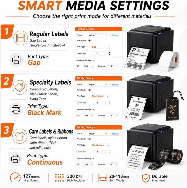 Alt view image 6 of 7 - Thermal Transfer Label Printer, 300 DPI Desktop Printer with Adjustable Media Guide for Black Mark and Continuous Labels, Ideal for Office and Shipping Needs