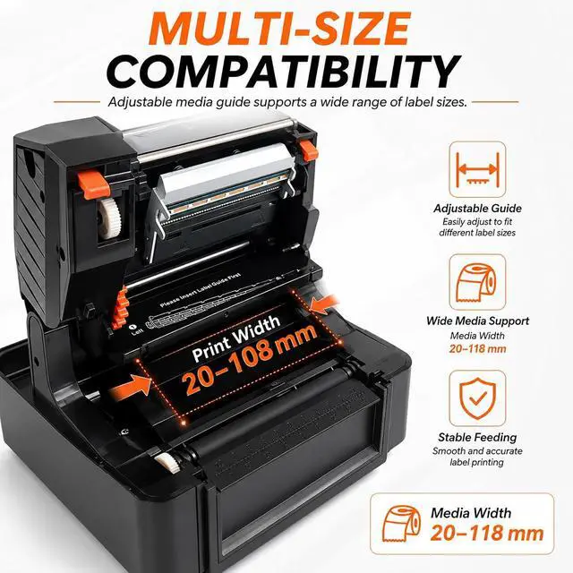 Alt view image 5 of 7 - Thermal Transfer Label Printer, 300 DPI Desktop Printer with Adjustable Media Guide for Black Mark and Continuous Labels, Ideal for Office and Shipping Needs