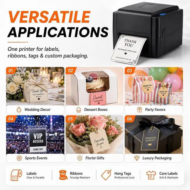 Alt view image 2 of 7 - Thermal Transfer Label Printer, 300 DPI Desktop Printer with Adjustable Media Guide for Black Mark and Continuous Labels, Ideal for Office and Shipping Needs