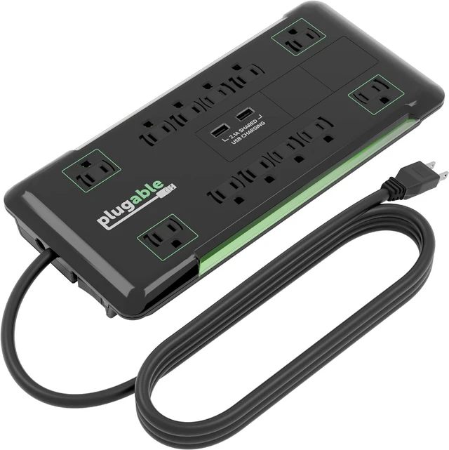 Main image of Plugable 12 Outlet Power Strip 4320 Joules Surge Protection, Built-in 10.5W 2-Port USB Charger for Android and Apple Phones, Mobile Devices, 6 Foot Cable