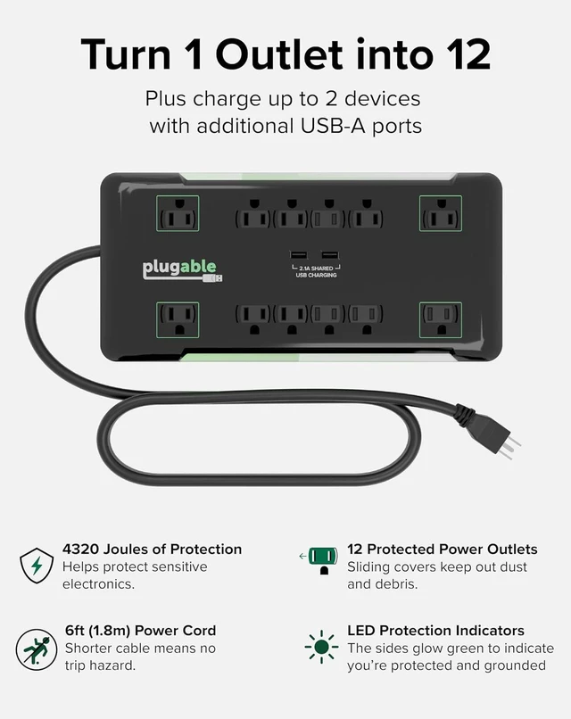 Alt view image 2 of 6 - Plugable 12 Outlet Power Strip 4320 Joules Surge Protection, Built-in 10.5W 2-Port USB Charger for Android and Apple Phones, Mobile Devices, 6 Foot Cable