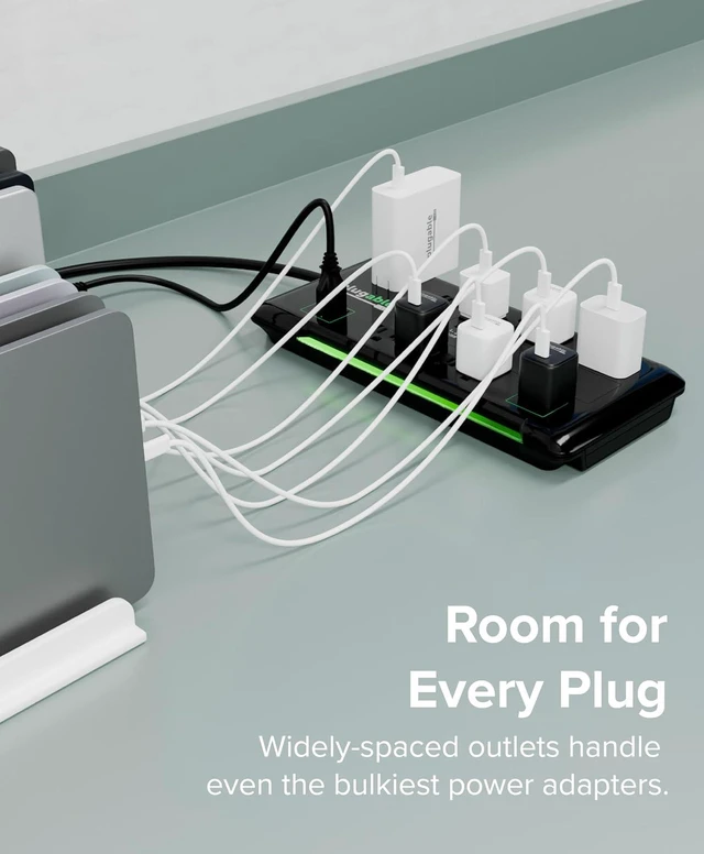 Alt view image 5 of 6 - Plugable 12 Outlet Power Strip 4320 Joules Surge Protection, Built-in 10.5W 2-Port USB Charger for Android and Apple Phones, Mobile Devices, 6 Foot Cable