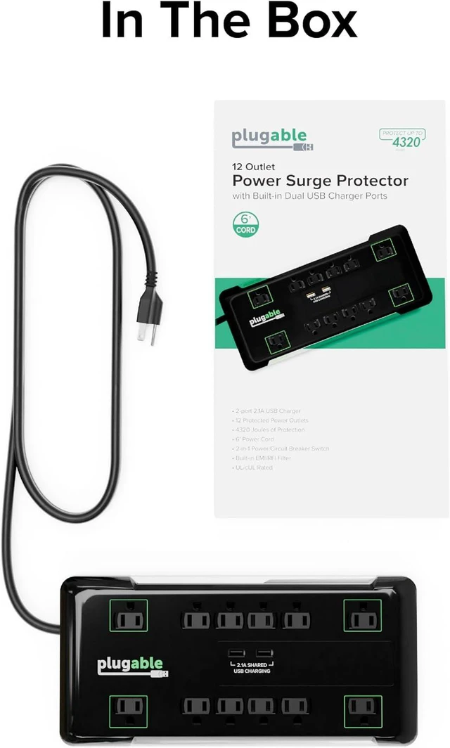 Alt view image 6 of 6 - Plugable 12 Outlet Power Strip 4320 Joules Surge Protection, Built-in 10.5W 2-Port USB Charger for Android and Apple Phones, Mobile Devices, 6 Foot Cable