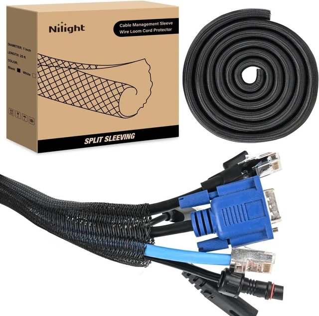 Main image of Nilight Cable Sleeve, 25ft-1inch Cable Management Sleeves, Braided Cable Sleeving, Split Self Wrapping Wire Loom for Computer Cable Electrical Wire Automotive Harness Protector Organizer, Black