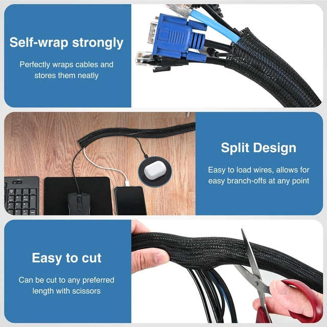 Alt view image 3 of 7 - Nilight Cable Sleeve, 25ft-1inch Cable Management Sleeves, Braided Cable Sleeving, Split Self Wrapping Wire Loom for Computer Cable Electrical Wire Automotive Harness Protector Organizer, Black