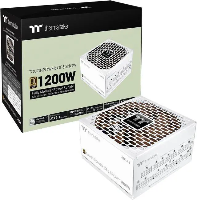 Main image of Thermaltake Toughpower GF3 Snow Edition 1200W 80+ Gold Full Modular SLI/Crossfire Ready ATX 3.0 Power Supply PCIe Gen.5 600W 12VHPWR Connector Included PS-TPD-1200FNFAGU-N 10 Year Warranty