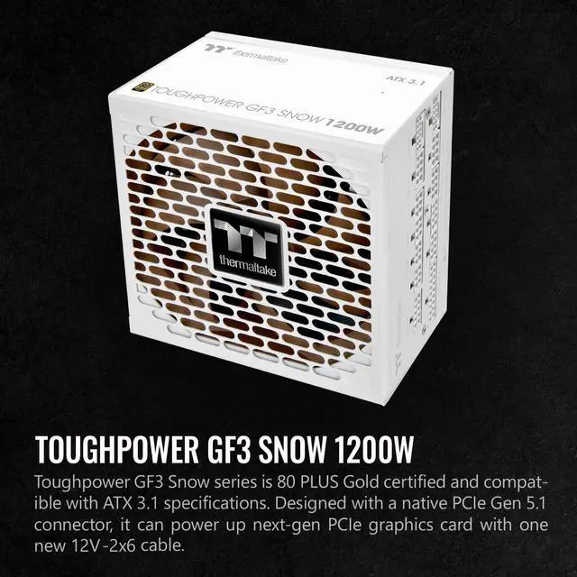 Alt view image 2 of 6 - Thermaltake Toughpower GF3 Snow Edition 1200W 80+ Gold Full Modular SLI/Crossfire Ready ATX 3.0 Power Supply PCIe Gen.5 600W 12VHPWR Connector Included PS-TPD-1200FNFAGU-N 10 Year Warranty