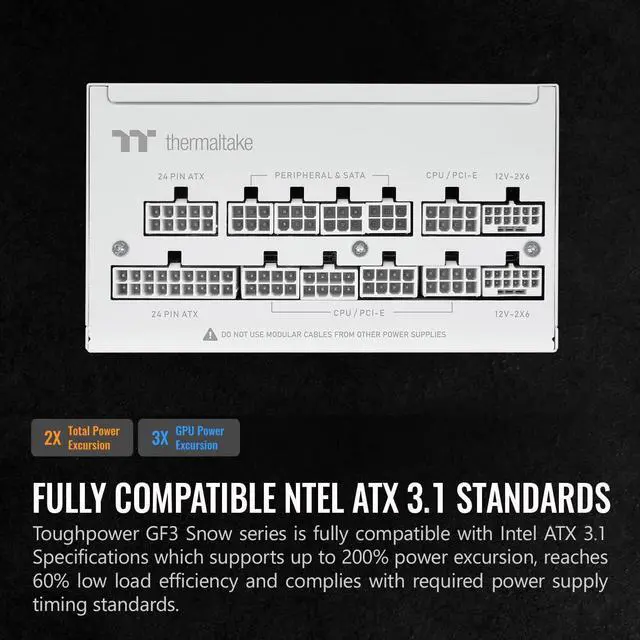 Alt view image 3 of 6 - Thermaltake Toughpower GF3 Snow Edition 1200W 80+ Gold Full Modular SLI/Crossfire Ready ATX 3.0 Power Supply PCIe Gen.5 600W 12VHPWR Connector Included PS-TPD-1200FNFAGU-N 10 Year Warranty