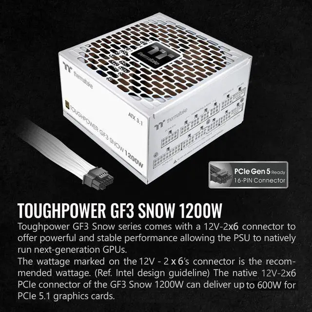 Alt view image 4 of 6 - Thermaltake Toughpower GF3 Snow Edition 1200W 80+ Gold Full Modular SLI/Crossfire Ready ATX 3.0 Power Supply PCIe Gen.5 600W 12VHPWR Connector Included PS-TPD-1200FNFAGU-N 10 Year Warranty