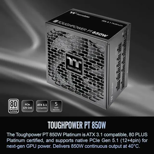 Alt view image 2 of 6 - Thermaltake Toughpower PT 850W; ATX 3.1; Native PCIe 5.1 12V-2x6; Etched Flat Cables; Dual-Color H++ Connectors; 100% Japanese Capacitors; 135mm Fan; 80 Plus Platinum; Black; PS-TPP-0850FNFAPU-1