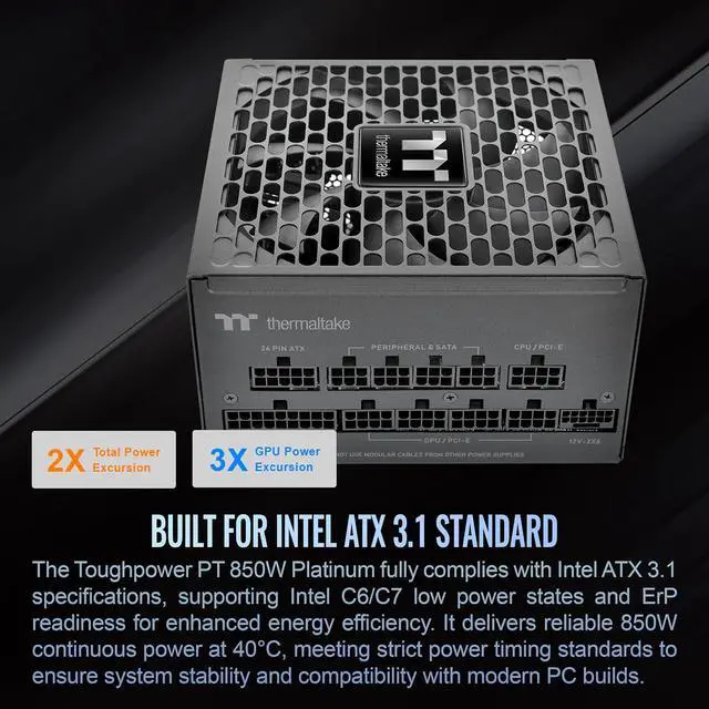 Alt view image 3 of 6 - Thermaltake Toughpower PT 850W; ATX 3.1; Native PCIe 5.1 12V-2x6; Etched Flat Cables; Dual-Color H++ Connectors; 100% Japanese Capacitors; 135mm Fan; 80 Plus Platinum; Black; PS-TPP-0850FNFAPU-1