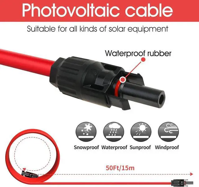 Alt view image 5 of 6 - 10AWG Solar Extension Cable, 10 Gauge Solar Wire, 50 Feet Male to Female Connectors Panel Wire with Adapter Tool Kit (Black & Red 50 Feet)