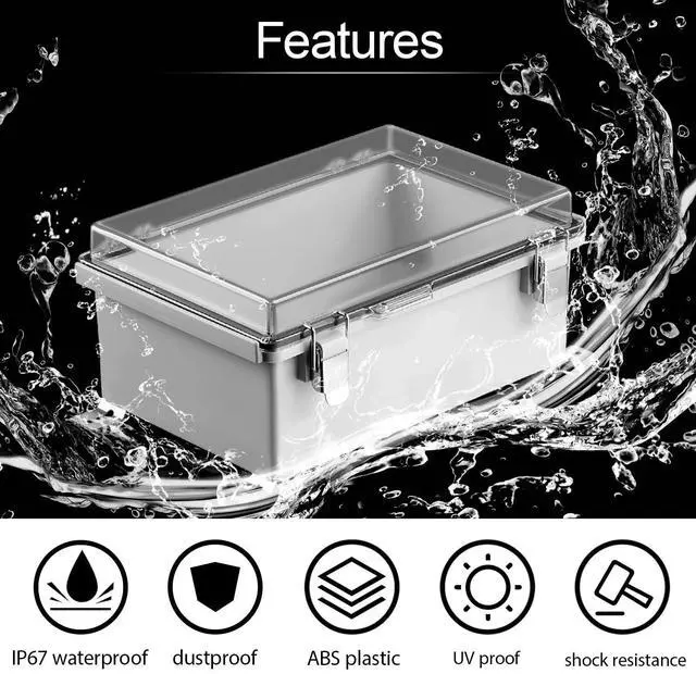 Alt view image 3 of 7 - LeMotech Junction Box, Hinged Cover Stainless Steel Latch ABS Plastic IP67 Waterproof, Outdoor Electrical Enclosure with Mounting Plate, Project Box for Electronics, 11.8"x7.7"x5.2", Grey