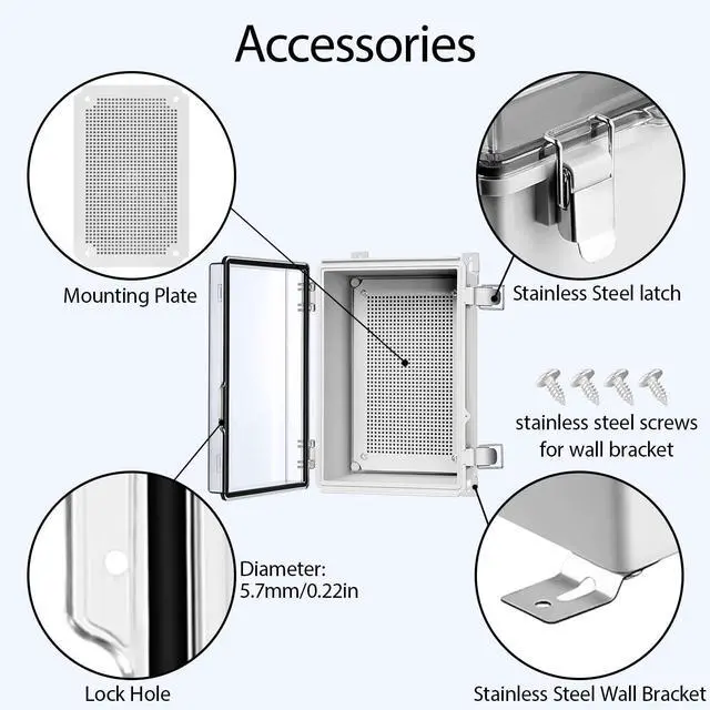 Alt view image 4 of 7 - LeMotech Junction Box, Hinged Cover Stainless Steel Latch ABS Plastic IP67 Waterproof, Outdoor Electrical Enclosure with Mounting Plate, Project Box for Electronics, 11.8"x7.7"x5.2", Grey