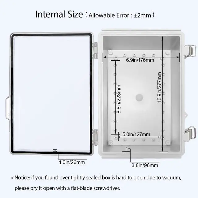 Alt view image 5 of 7 - LeMotech Junction Box, Hinged Cover Stainless Steel Latch ABS Plastic IP67 Waterproof, Outdoor Electrical Enclosure with Mounting Plate, Project Box for Electronics, 11.8"x7.7"x5.2", Grey