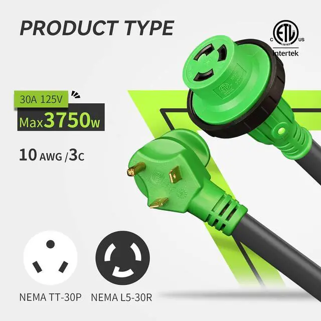 Alt view image 3 of 7 - RVMATE 30 Feet 30 Amp RV Lockable Power Extension Cord with Easy Plug-in Handle, TT-30P to L5-30R, LED Indicator, 10 AWG, ETL Listed