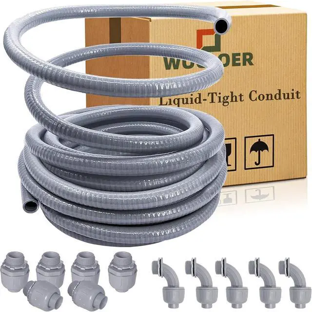 Main image of Liquid-Tight Conduit - 1/2inch 100 Foot Flexible Non Metallic Liquid Tight Electrical Conduit Kit, with 6 Straight and 5 90-Degree Conduit Connector Fittings