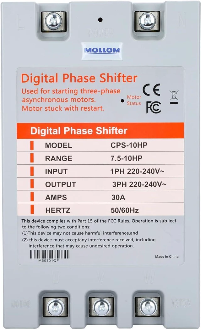 Main image of MOLLOM 3 Phase Converter, Digital Phase Shift 7.5KW 10HP 30Amps 220-240V, Single to Three Phase Converter for 3PH Motors, Automatic Restart to Protect Motor from Blocking