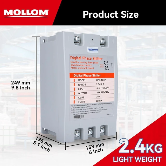 Alt view image 4 of 7 - MOLLOM 3 Phase Converter, Digital Phase Shift 7.5KW 10HP 30Amps 220-240V, Single to Three Phase Converter for 3PH Motors, Automatic Restart to Protect Motor from Blocking