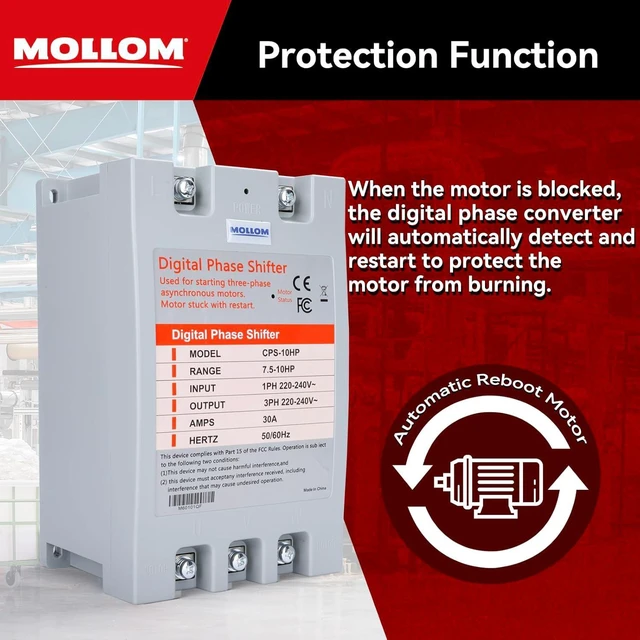 Alt view image 5 of 7 - MOLLOM 3 Phase Converter, Digital Phase Shift 7.5KW 10HP 30Amps 220-240V, Single to Three Phase Converter for 3PH Motors, Automatic Restart to Protect Motor from Blocking