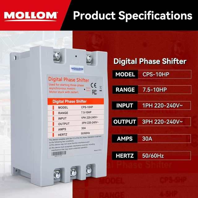Alt view image 6 of 7 - MOLLOM 3 Phase Converter, Digital Phase Shift 7.5KW 10HP 30Amps 220-240V, Single to Three Phase Converter for 3PH Motors, Automatic Restart to Protect Motor from Blocking