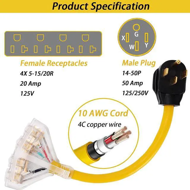 Alt view image 2 of 5 - 50 Amp to 110V 20 Amp RV Adapter Cord, 4 Prong NEMA 14-50P Male Plug to 4X 5-20R Household Outlet Female Connectors Adapter Cord with Dust Protection Caps, 1.5 FT, Yellow