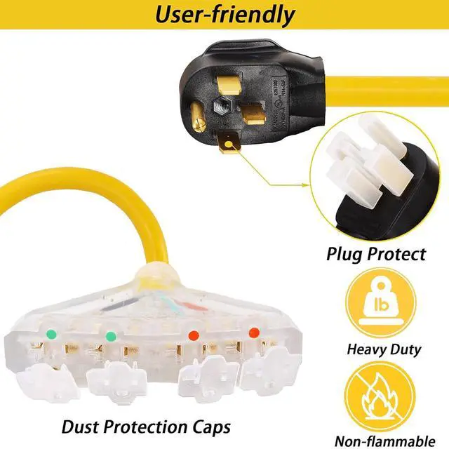 Alt view image 5 of 5 - 50 Amp to 110V 20 Amp RV Adapter Cord, 4 Prong NEMA 14-50P Male Plug to 4X 5-20R Household Outlet Female Connectors Adapter Cord with Dust Protection Caps, 1.5 FT, Yellow