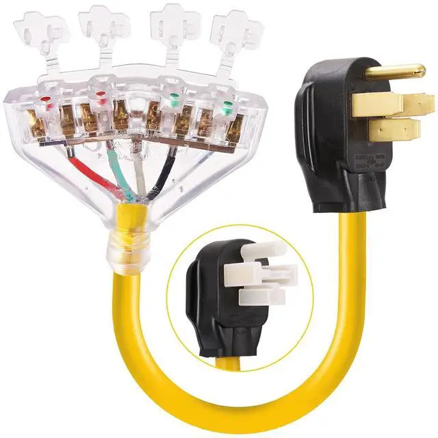 Main image of 50 Amp to 110V 20 Amp RV Adapter Cord, 4 Prong NEMA 14-50P Male Plug to 4X 5-20R Household Outlet Female Connectors Adapter Cord with Dust Protection Caps, 1.5 FT, Yellow