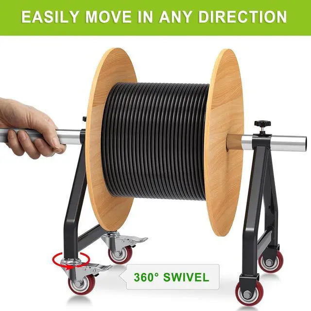 Alt view image 3 of 7 - Wire Spool Rack, Portable Cable Caddy, Swivel Caster Wheels with Brake, Steel Fully Welded Wire Rack Dispenser for up to 28" Diameter Spools, 220 lbs Capacity, Black