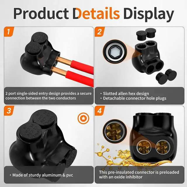 Alt view image 3 of 6 - Joinfworld 2 Port Insulated Multi Tap Connector 2-14AWG Aluminum to Copper Wire Connectors Single Side Entry Aluminum Black Electrical Cable Connectors with Slotted Allen Hex - 10 Pack