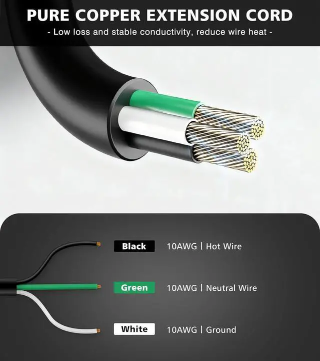 Alt view image 4 of 6 - 15FT 30 Amp RV Extension Cord with Grip Handle, Rated for 120V / Max 3600W, 3-Prong 10-Gauge STW, NEMA TT-30P/R Generator Cord, PVC Heat-Resistant Coating, ETL-Listed