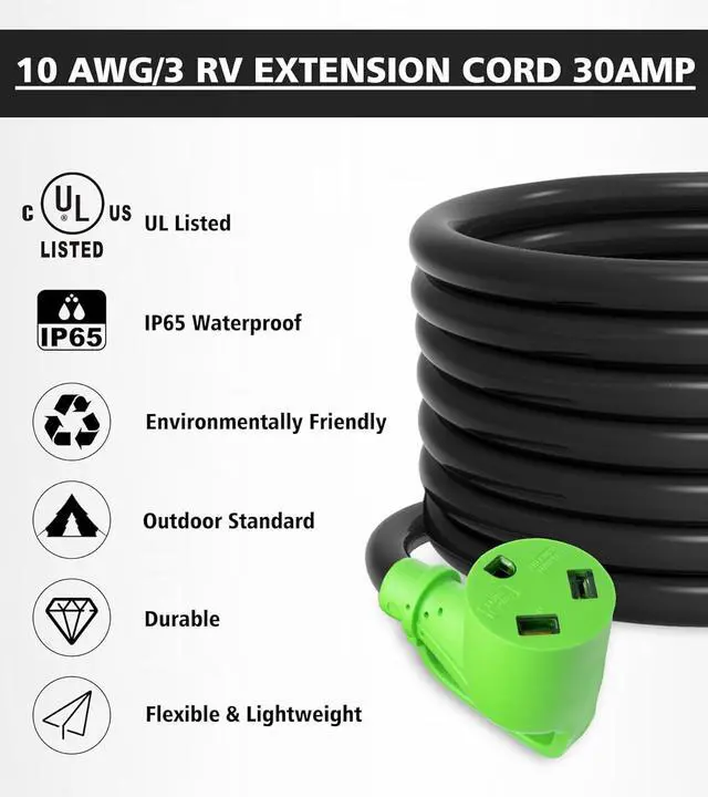 Alt view image 6 of 6 - 15FT 30 Amp RV Extension Cord with Grip Handle, Rated for 120V / Max 3600W, 3-Prong 10-Gauge STW, NEMA TT-30P/R Generator Cord, PVC Heat-Resistant Coating, ETL-Listed