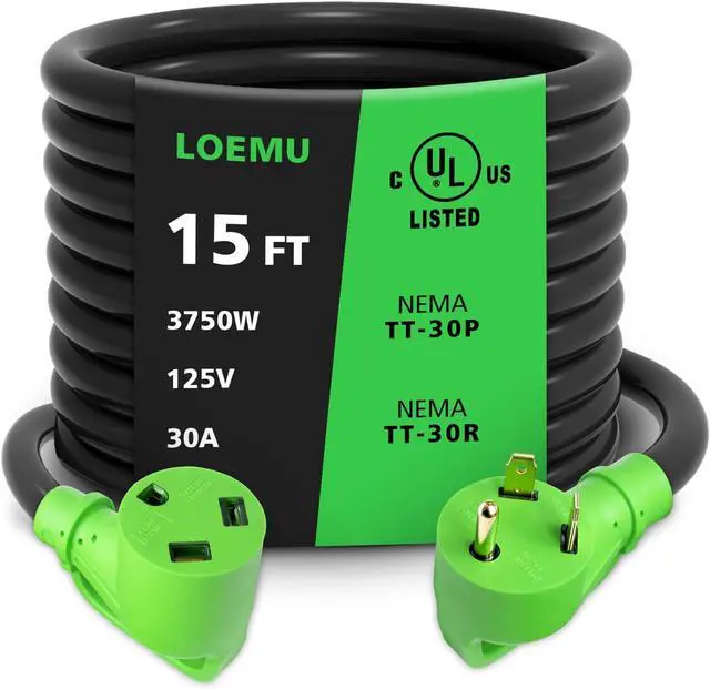Main image of 15FT 30 Amp RV Extension Cord with Grip Handle, Rated for 120V / Max 3600W, 3-Prong 10-Gauge STW, NEMA TT-30P/R Generator Cord, PVC Heat-Resistant Coating, ETL-Listed