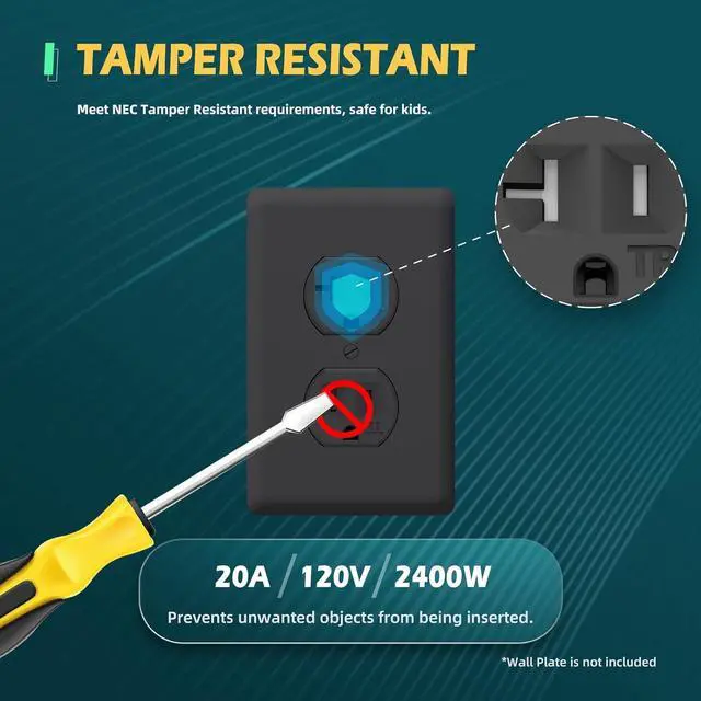 Alt view image 4 of 7 - TOPELER Duplex Receptacle Outlet, 10Pack Tamper-Resistant Electrical Outlet, Residential Grade, 20A 125V, Self-Grounding, 2-Pole, UL Listed, Black