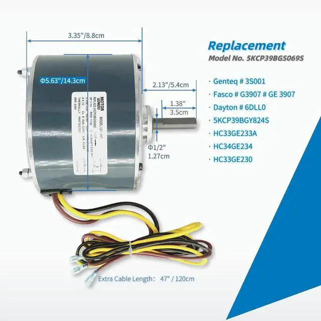 Alt view image 3 of 6 - Replacement Condenser Fan Motor for Carrier 5KCP39BGS069S #3S001, #GE3907 Genteq Bryant Payne Dayton AC/Air Conditioner 1/10 HP 1100 RPM 208-230V 60HZ 48 Frame with OEM Capacitor