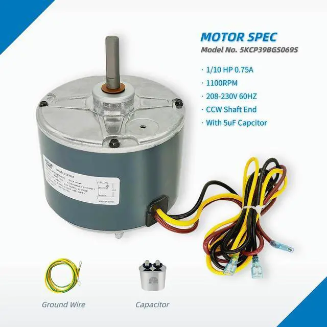 Alt view image 2 of 6 - Replacement Condenser Fan Motor for Carrier 5KCP39BGS069S #3S001, #GE3907 Genteq Bryant Payne Dayton AC/Air Conditioner 1/10 HP 1100 RPM 208-230V 60HZ 48 Frame with OEM Capacitor