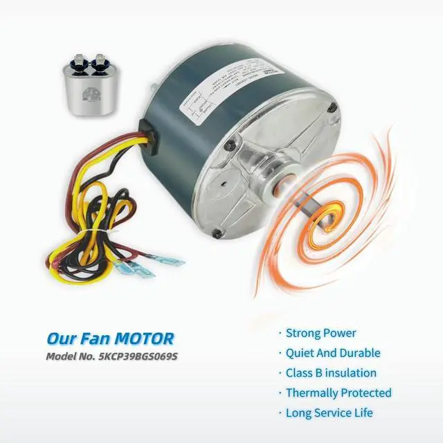 Alt view image 5 of 6 - Replacement Condenser Fan Motor for Carrier 5KCP39BGS069S #3S001, #GE3907 Genteq Bryant Payne Dayton AC/Air Conditioner 1/10 HP 1100 RPM 208-230V 60HZ 48 Frame with OEM Capacitor