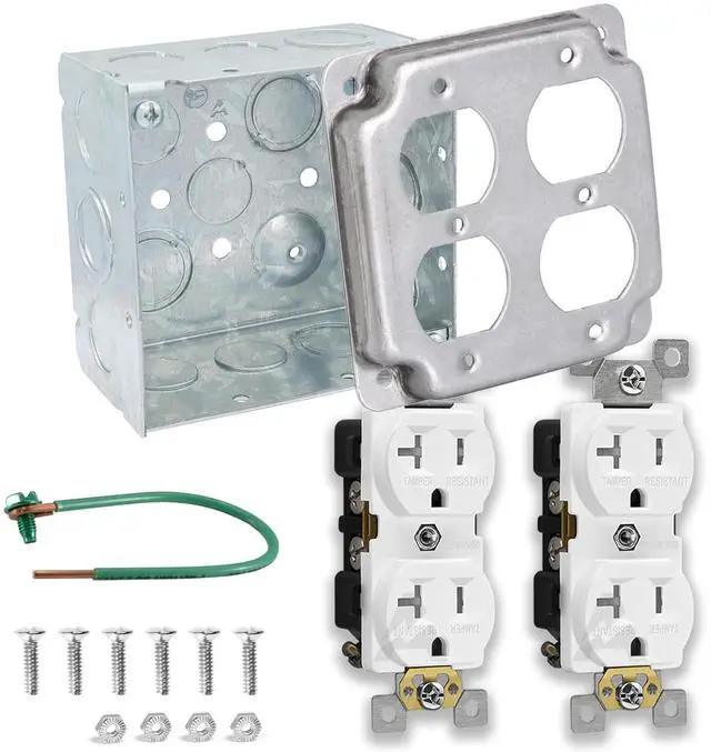 Main image of Outlet Box Kit, Includes 4x4'' Welded Metal Electrical Box, 2 Tamper Resistant 20 Amp Duplex Receptacle Outlets, Duplex Receptacle 4x4'' Cover, 16 Knockouts, Green Pigtail Grounding Wire and Screw