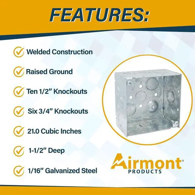 Alt view image 2 of 7 - Outlet Box Kit, Includes 4x4'' Welded Metal Electrical Box, 2 Tamper Resistant 20 Amp Duplex Receptacle Outlets, Duplex Receptacle 4x4'' Cover, 16 Knockouts, Green Pigtail Grounding Wire and Screw
